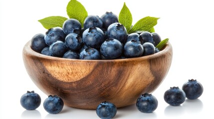 A bowl of fresh blueberries with a vibrant blue color on a white isolated background