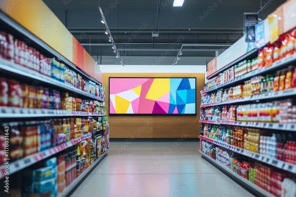 Poster vibrant digital display with geometric patterns illuminates empty supermarket aisles in daylight
