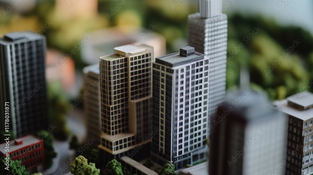 Sticker Miniature city model featuring tall buildings and urban landscape