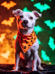 Adorable white dog in Halloween bandana.