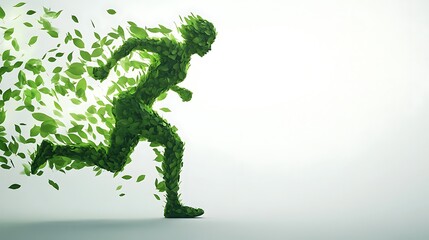 Eco-Friendly Concept Art Featuring a Person Running Made Entirely of Green Leaves