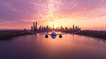 Fototapeta premium A Stunning Sunset Over a Cityscape with a Flying Airplane