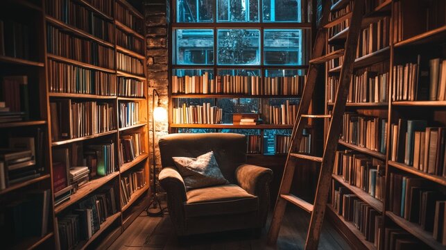 Luxury old library interior at night, dark empty room for reading with books on wooden shelves, ladder, cozy armchair, glowing floor lamp and closed window, athenaeum place Cartoon vector illustration