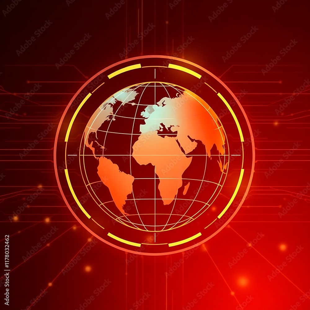 Aufkleber global network: a stylized globe, encased within a circular digital interface, glows against a vibra