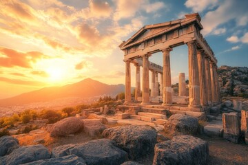 Stunning sunrise illuminating the ancient greek temple ruins atop a majestic mountain peak