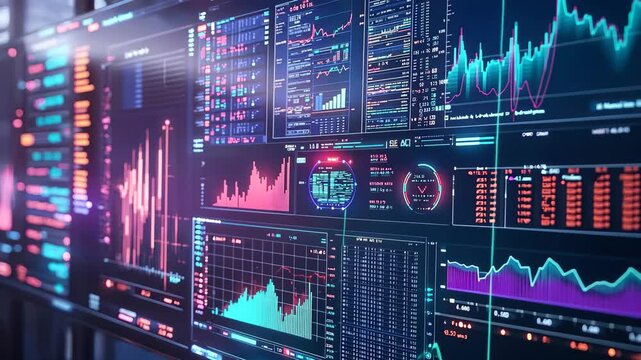 Futuristic trading dashboard displays advanced analytics in a modern trading room at night, A futuristic trading dashboard with holographic display Futuristic technology and financial elements - Powered by Adobe