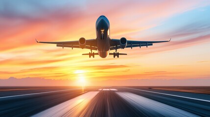 Majestic Airplane Taking Off Against a Vibrant Sunset Sky
