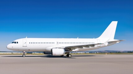 Sleek White Airplane on Tarmac Against Clear Blue Sky