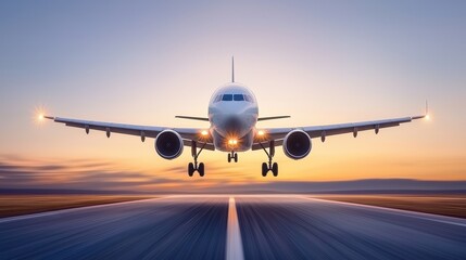 Obraz premium Majestic Airplane Landing at Sunset Over a Tranquil Runway