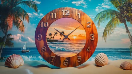 Beautiful Wooden Clock with Tropical Sunset Beach Design Perfect for Coastal Home Decoration