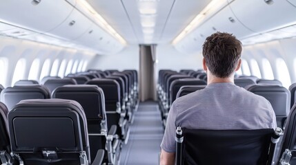 Passenger in Wheelchair Waiting for Takeoff on Empty Airplane