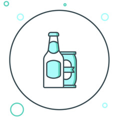 Line Beer bottle and beer can icon isolated on white background. Colorful outline concept. Vector