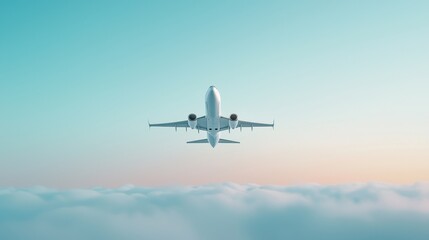 Fototapeta premium Majestic Airplane Flying Above Soft Clouds at Sunset