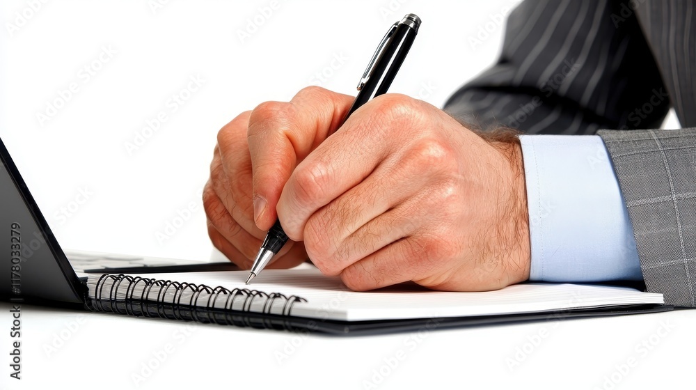Poster a close-up of a businessman hand writing in a notebook with a laptop in the background on a white is