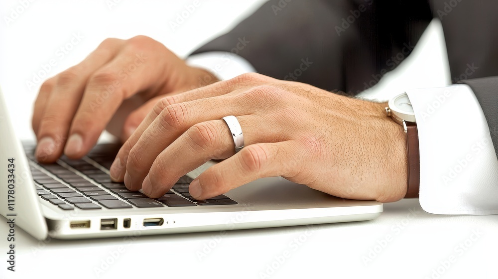 Aufkleber a close-up of a businessman hands typing on a laptop keyboard with a notebook on the desk on a white