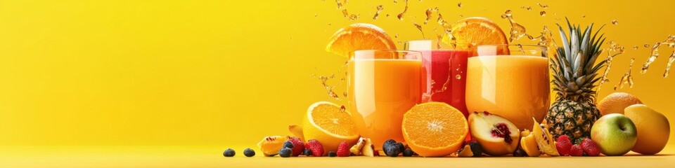 Fresh fruit juices in vibrant glasses against a sunny yellow background with assorted fruits