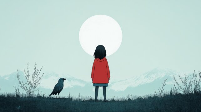 Girl in red coat facing a large moon and snowy mountains with a crow beside her.