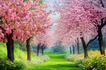 Colorful garden pathway lined with blooming cherry trees and vibrant green grass in spring