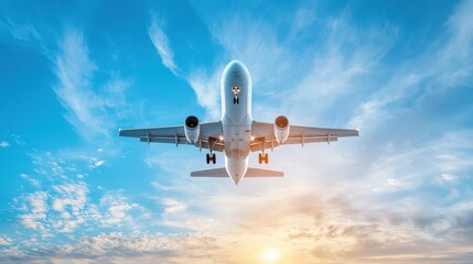 Obraz premium Majestic Airplane Soaring Through a Vibrant Sky at Sunset