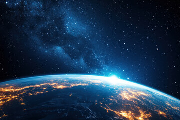 Fototapeta premium A satellite orbiting Earth against a backdrop of space, showcasing solar panels and the beauty of our planet below.