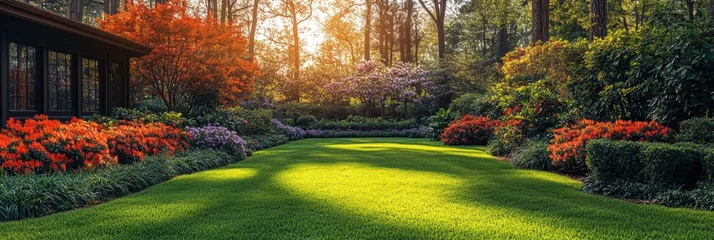 Fototapeten Vibrant garden in bloom featuring flowering trees and lush green grass during springtime © Oleksandr