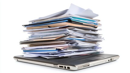 A stack of financial reports and a laptop on a desk on a white isolated background