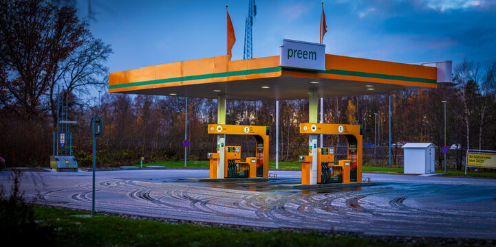 Gothenburg, Sweden - november 19 2024: Preem gas station on a cold afternoon.