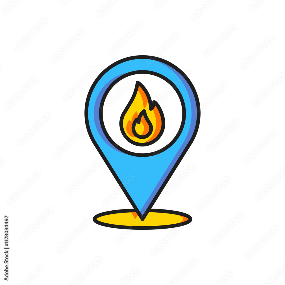 Poster color map pointer with fire flame icon isolated on white background. fire nearby. flat filled outlin