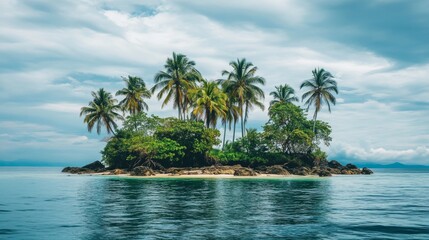 Naklejka premium Island in ocean, uninhabited secret pirate isle with beach, palm trees, jungle lianas and rocks at sea under cloudy sky. Tropical landscape, empty land, game background, Cartoon vector illustration