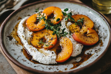 Grilled peaches served over creamy ricotta cheese, drizzled with balsamic reduction and garnished with fresh herbs.