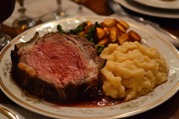 Juicy grilled steak served with creamy mashed potatoes, roasted tomatoes, and vibrant carrots, garnished with fresh herbs.