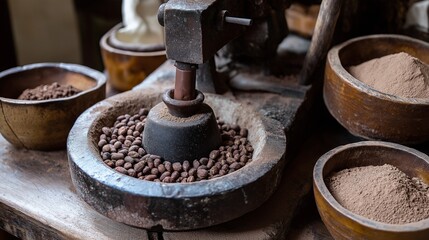 rustic chocolate-making process, with a stone grinder slowly processing roasted cocoa beans into rich chocolate paste, surrounded by wooden bowls filled with cocoa powder