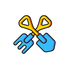 Color Shovel and rake icon isolated on white background. Tool for horticulture, agriculture, gardening, farming. Ground cultivator. Flat filled outline style with shadow. Vector