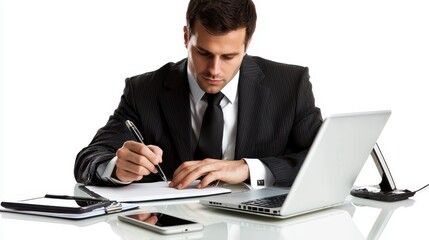 A business executive writing on a notepad with a smartphone and laptop on the desk on a white isolated background