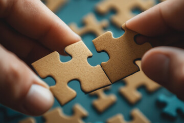 Two hands hold puzzle pieces, preparing to connect them, symbolizing problem-solving and collaboration.