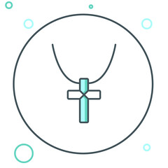 Line Christian cross on chain icon isolated on white background. Church cross. Colorful outline concept. Vector