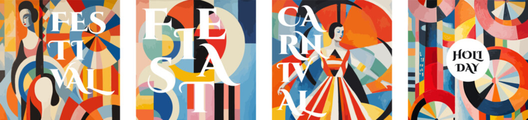 Carnival and Festival creative retro art square banner set. Fiesta and Holiday vintage typography print designs. Promo flyer with inscription on colorful abstract pattern. Modern trendy cover. Eps
