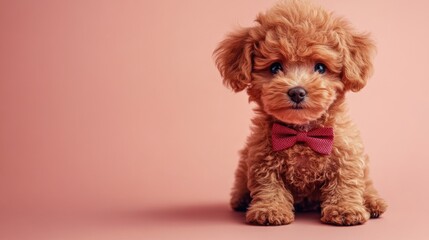cartoon poodle illustration, a charming poodle cartoon donning a small red bowtie on a soft pastel pink background, with room for text