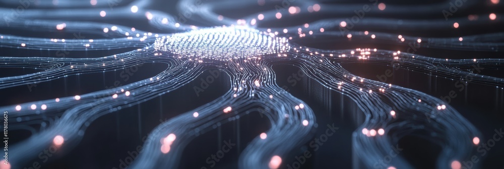 Poster ai abstract with nodes and pathways in a dark space