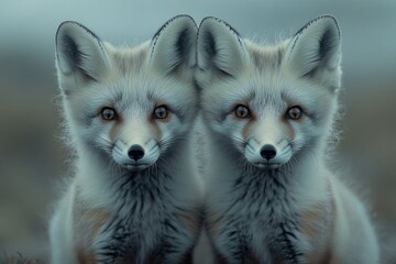 Obraz premium Two foxes sit side by side, their bushy tails entwined