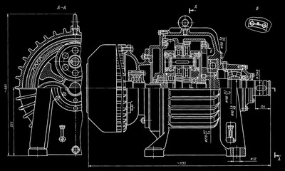 Engineering mechanical pencil drawing set of steel device
(reducer, gearbox, engine)
with dimension lines. Industrial 
cad scheme on paper sheet. Technology background
of machine building industry.
