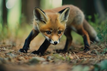 Fototapeta premium A red fox walks through a dense forest, looking directly at the camera