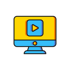 Color Online play video icon isolated on white background. Computer monitor and film strip with play sign. Flat filled outline style with shadow. Vector