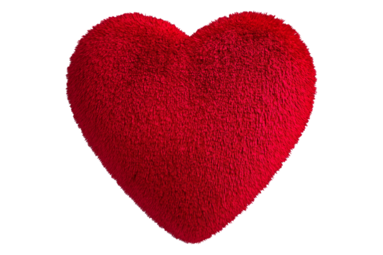 Red fur heart with soft textured surface isolated on white transparent background. Concept of love, romance, and affection