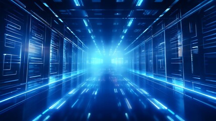 Blue futuristic data center background, featuring advanced digital technology, glowing servers, and intricate network connections, ideal for tech, IT, and cybersecurity themes