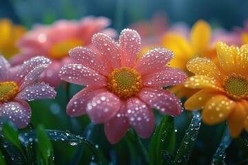 Fototapeta premium Dewdrops glisten on vibrant flowers and fresh grass in early morning light