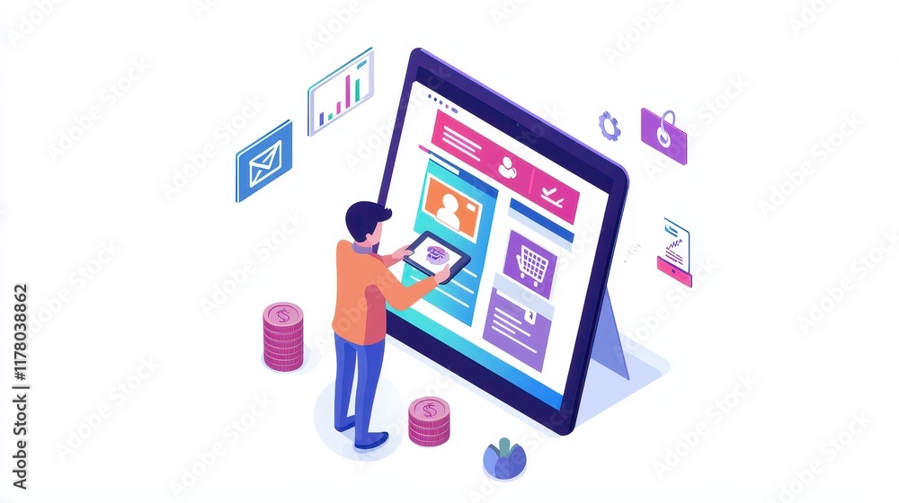 Poster a digital marketer using a tablet to design an online ad with product details on a white isolated ba