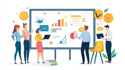 Obraz premium A marketing team discussing digital ad strategies in front of a large whiteboard on a white isolated background