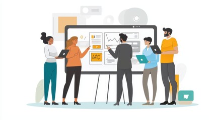 Obraz premium A marketing team discussing digital ad strategies in front of a large whiteboard on a white isolated background