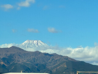 View of mount fuji from a shinkansen bullet train in Japan.